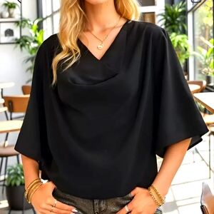 Elegant Cowl Neck Flared sleeve Women's Top Black Size M